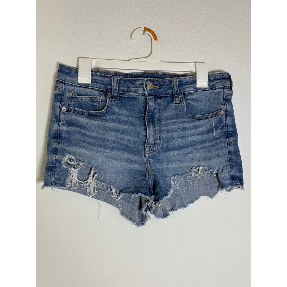 American Eagle Distressed Denim Shorts Womens 10 Medium Wash High Rise Raw Hem